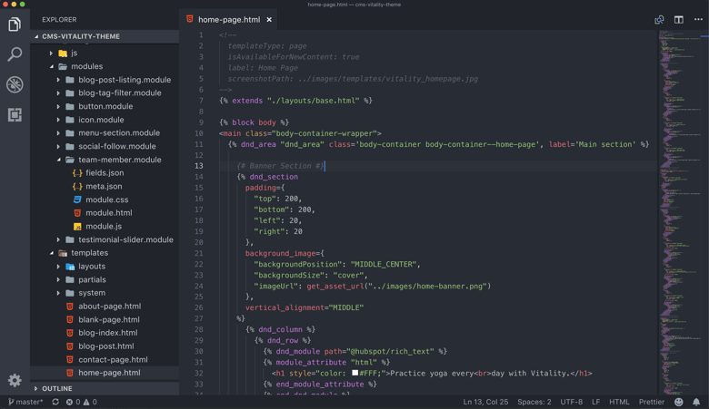 VS Code with HTML and HubL template open